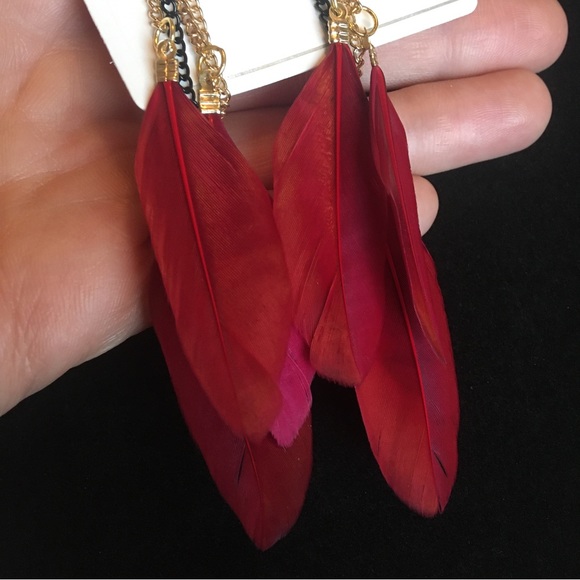 Burgundy Red Feather Long Dangle Earrings - Picture 4 of 8